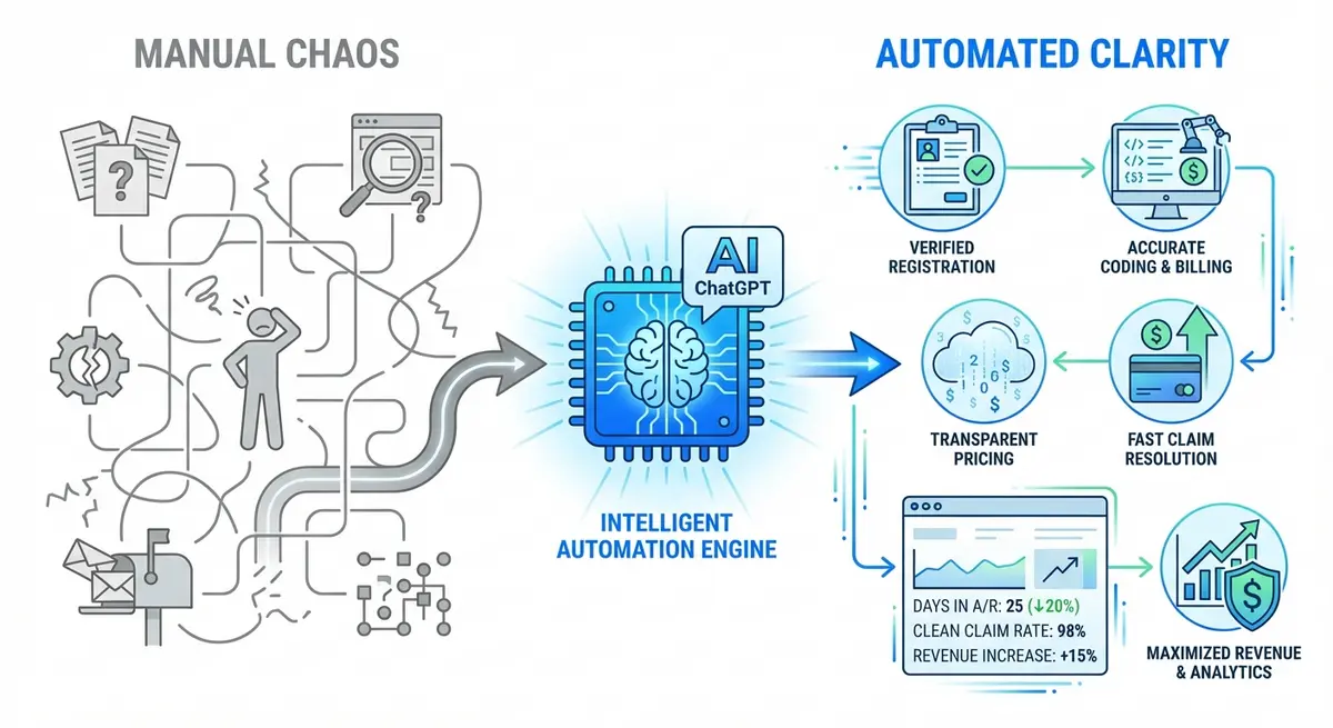 Infographic showing chatgpt visibility for healthcare pricing transforming manual chaos into automated clarity