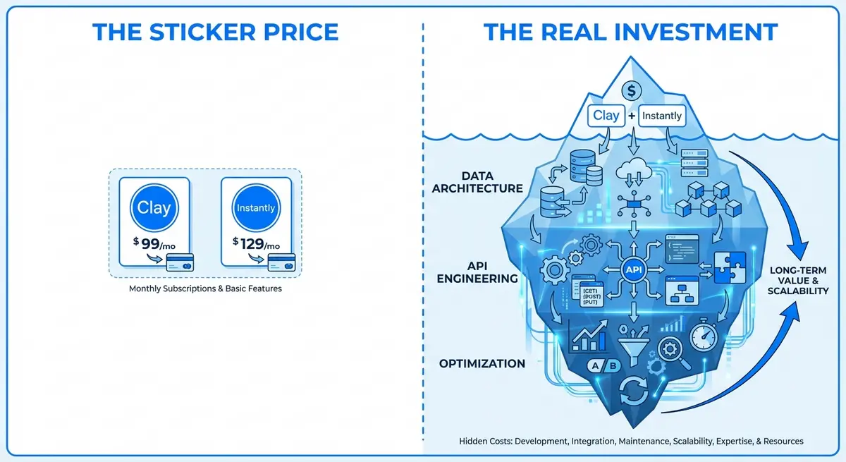 Infographic comparing subscription fees versus total clay instantly ai outreach setup cost