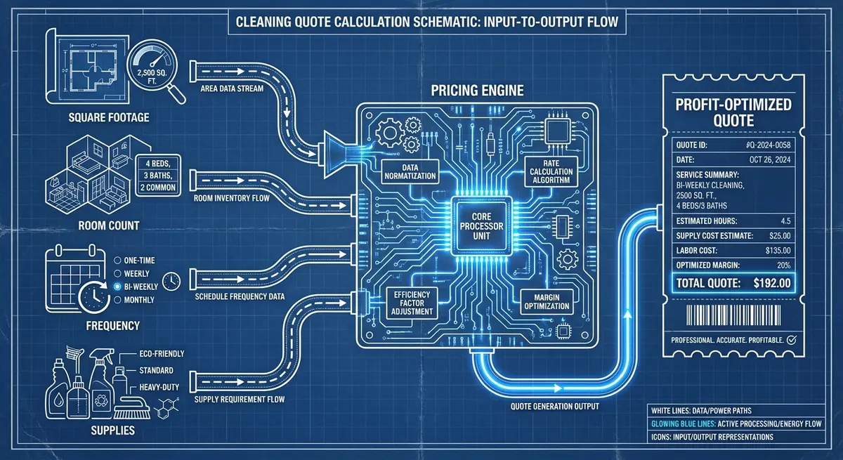 Diagram showing how a cleaning service quote calculator cost processes variables like square footage and frequency