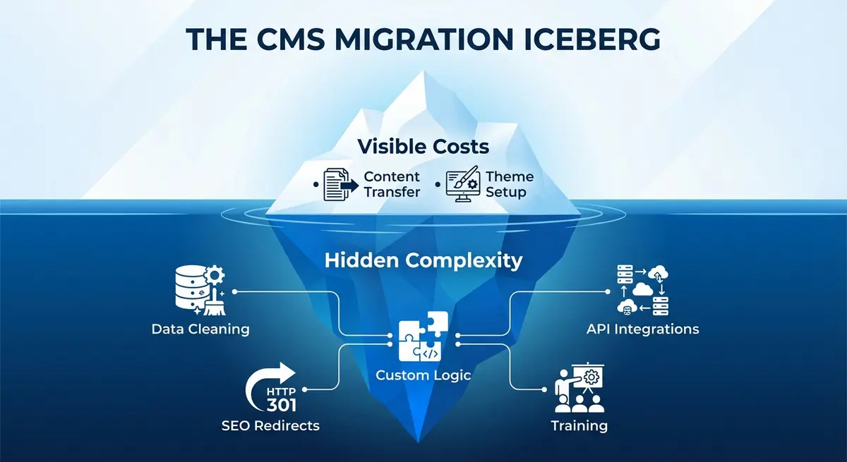 Infographic showing visible versus hidden factors in cms migration services cost