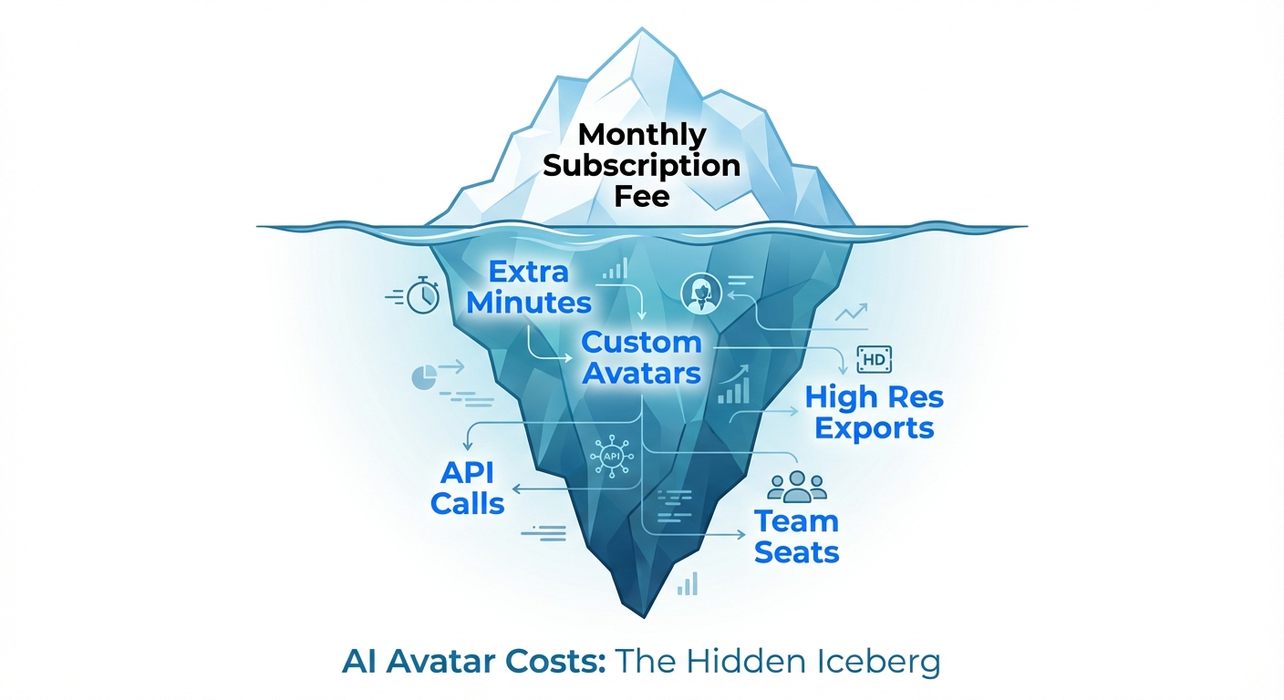 Infographic showing hidden costs when you compare pricing for leading AI avatar services