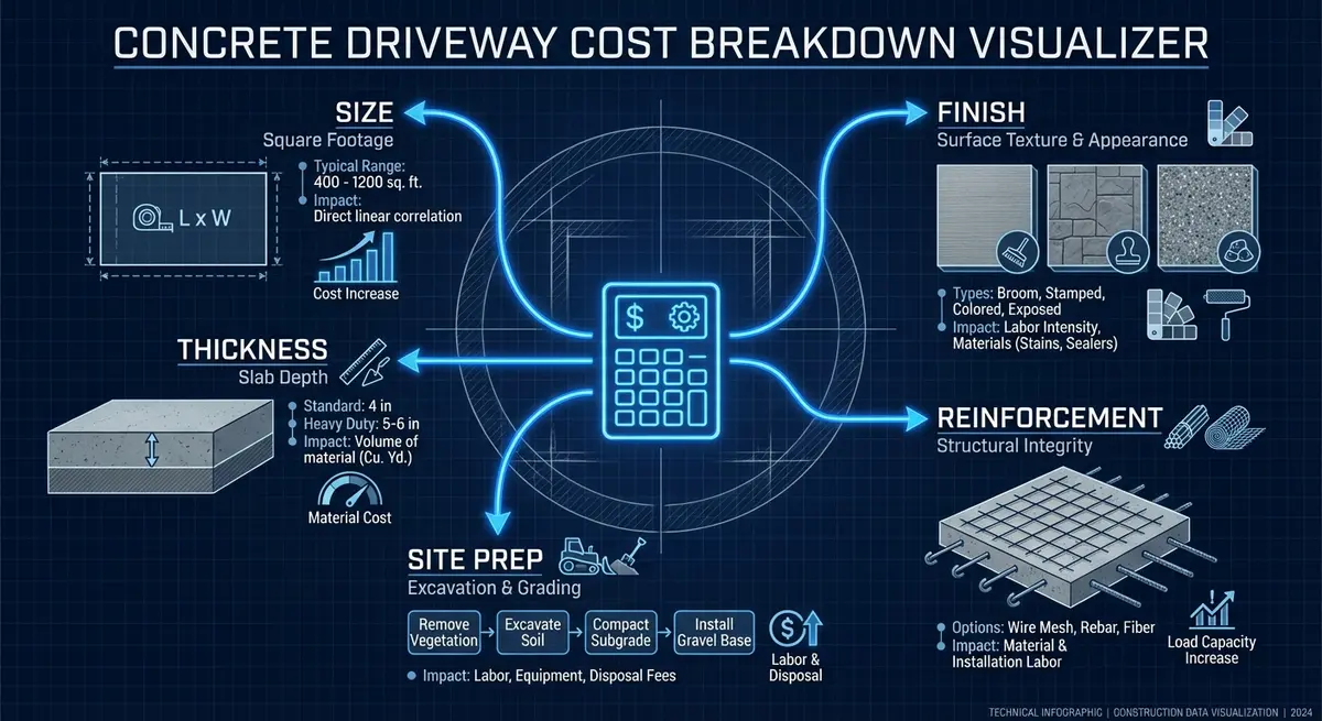Infographic showing factors affecting concrete driveway estimate calculator cost including size thickness and finish