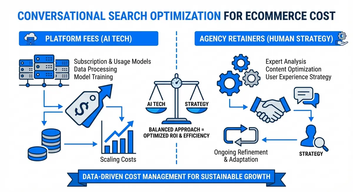 Infographic breakdown of conversational search optimization for ecommerce cost including platform fees and agency retainers