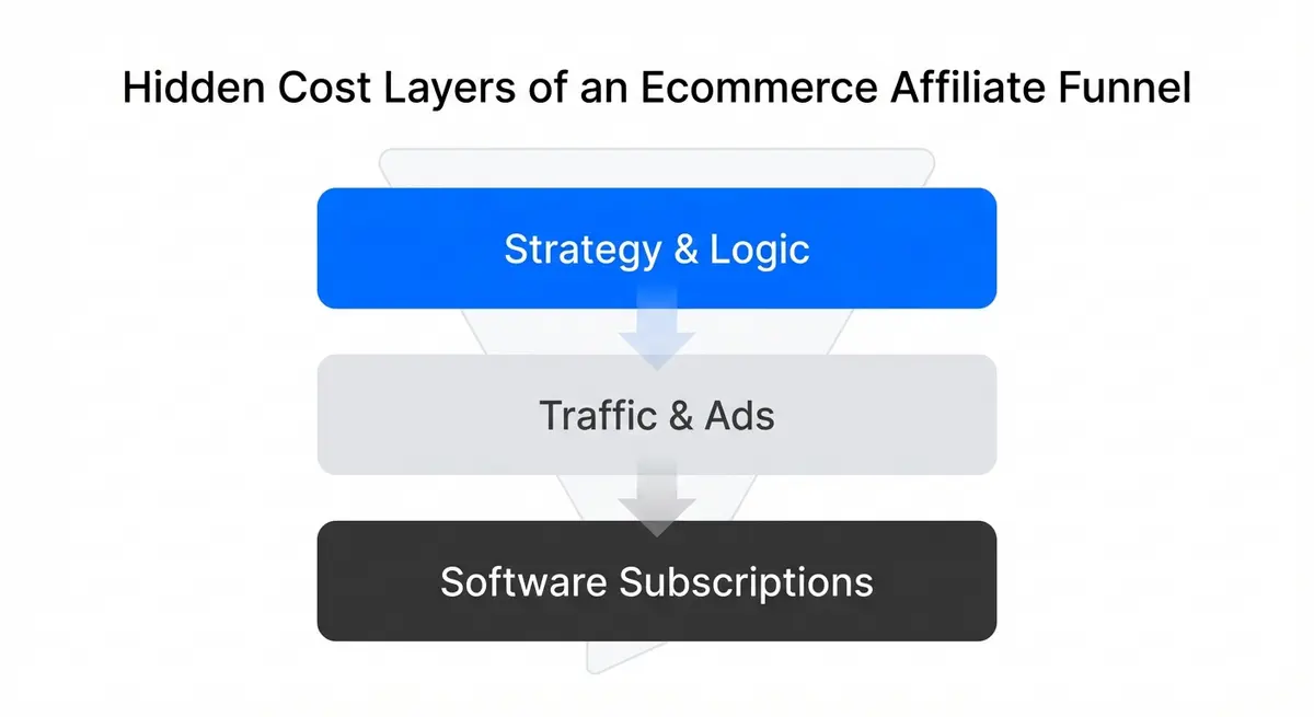 Breakdown of cost to build affiliate recruitment funnel for ecommerce showing software vs hidden fees