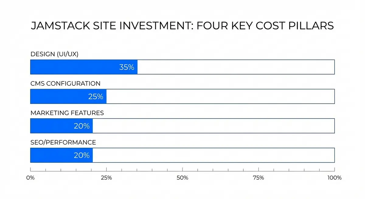 Infographic showing key cost drivers for Jamstack marketing website with CMS including design and SEO