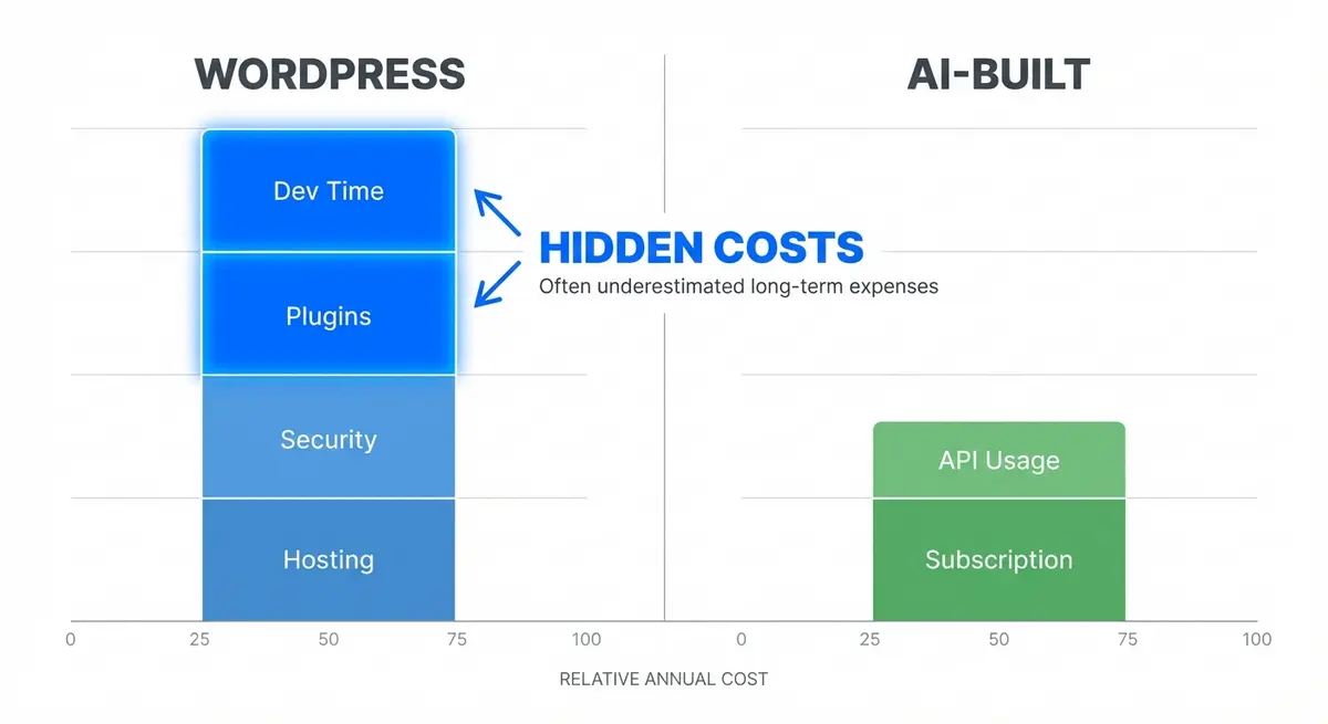 Infographic comparing cost of maintaining wordpress website vs ai built website per year