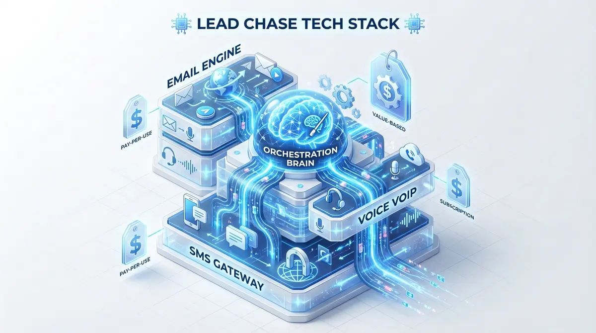 Infographic showing the cost components of omni-channel lead chase architecture including SMS voice and email layers
