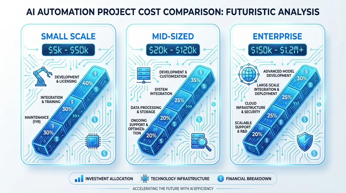 Infographic showing the cost to automate business with AI across small, mid, and enterprise scales