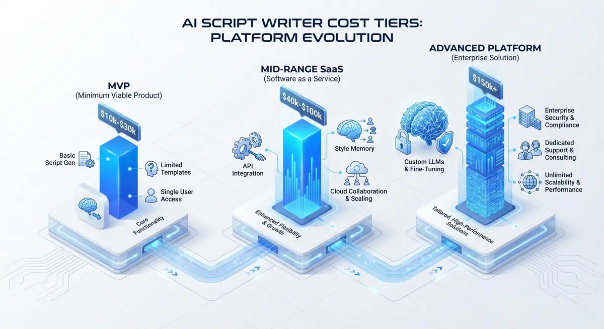 Infographic breakdown of the cost to build ai video script writer for youtube channels across three tiers