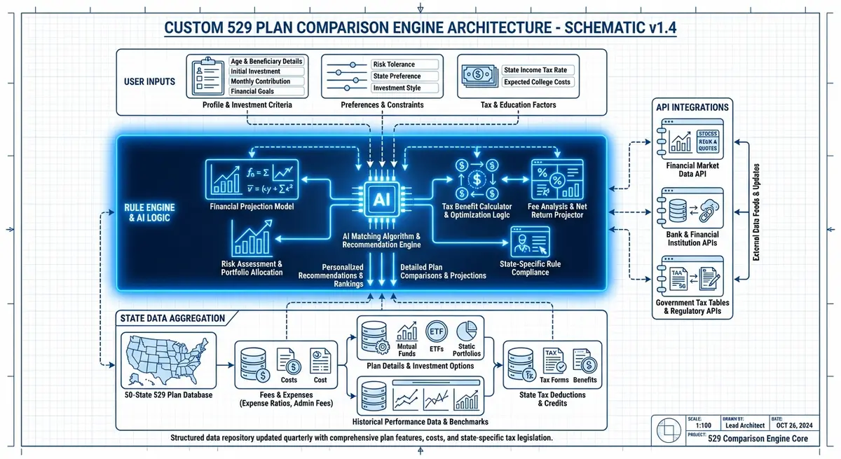 Architecture diagram showing factors influencing the cost to build college savings calculator with plan comparison