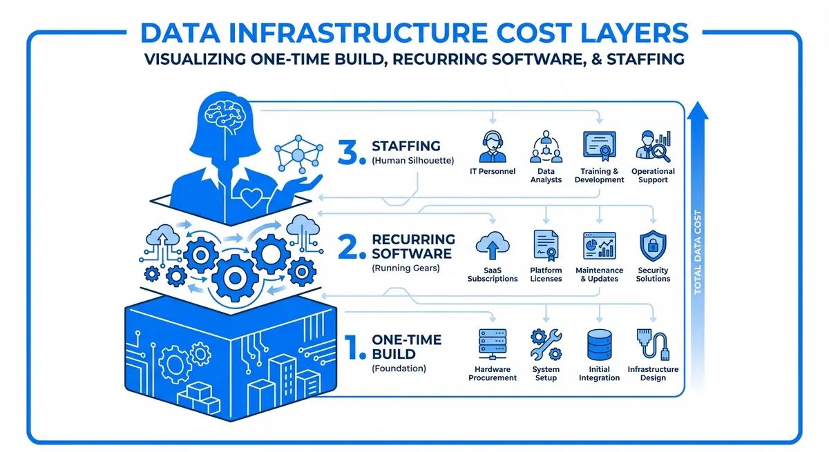 Infographic showing the three main cost components to build a data warehouse and ETL pipeline