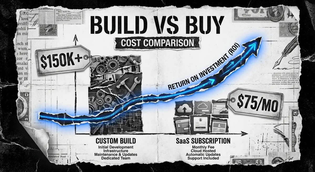 Infographic comparing cost to build private equity deal flow automation versus SaaS pricing models