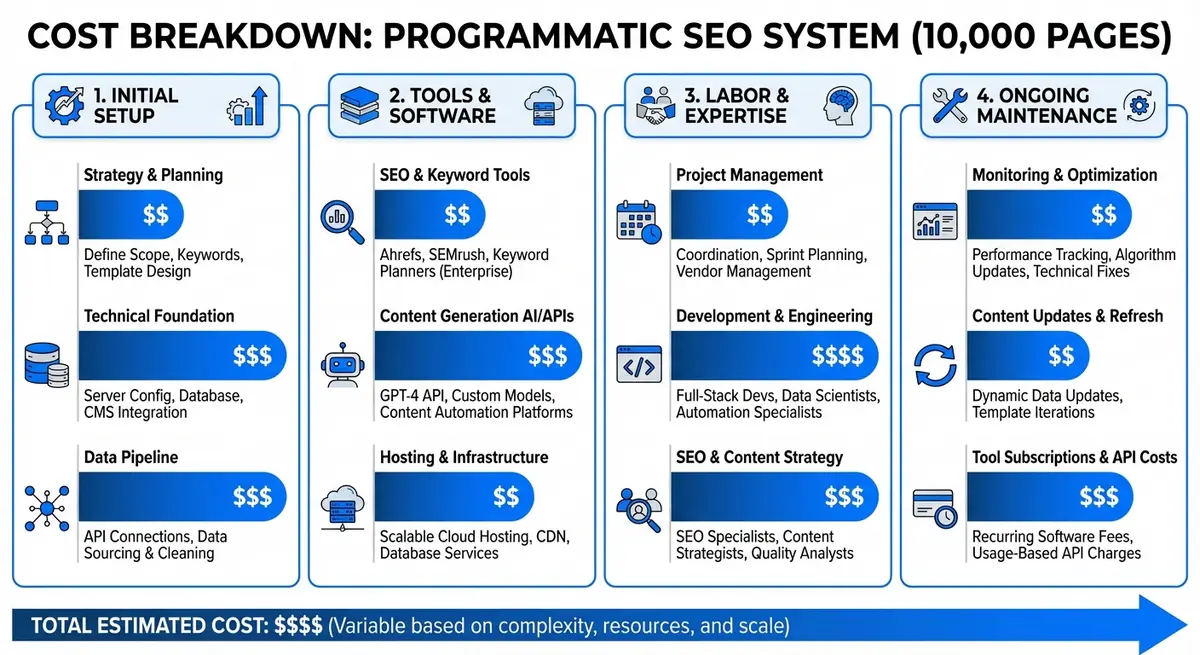 Infographic breaking down the cost to build programmatic SEO system for 10000 pages