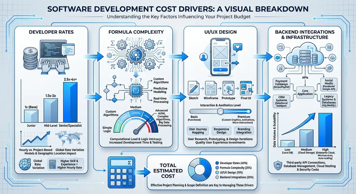 Infographic showing factors influencing the cost to build roi calculator for marketing agency website