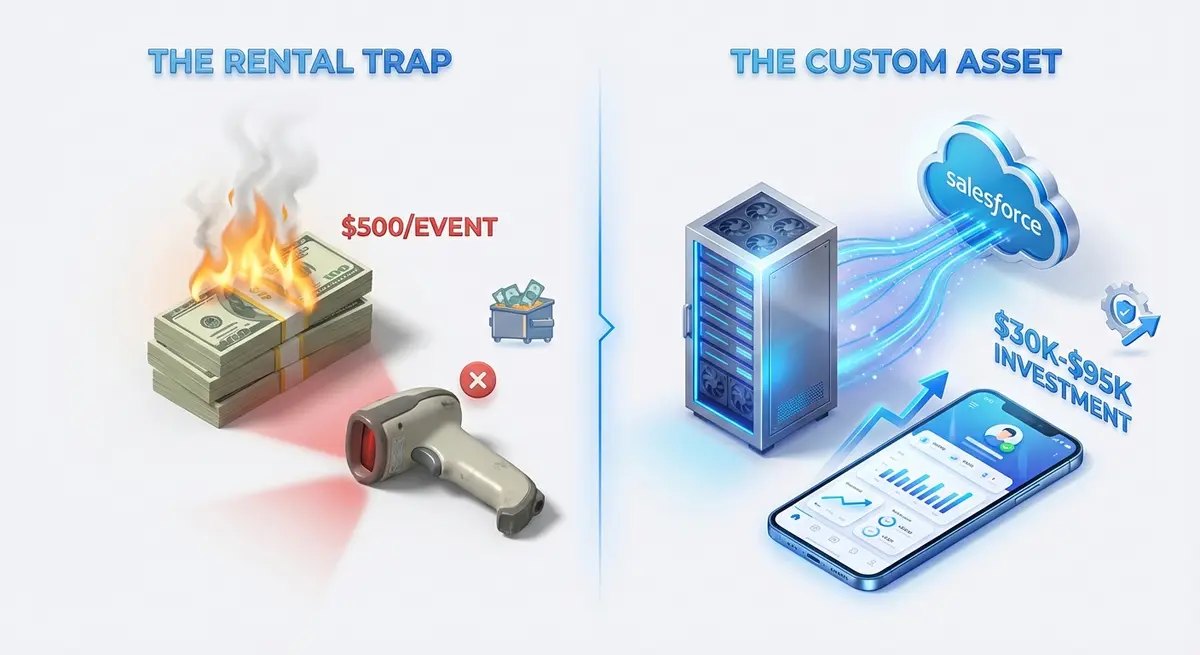 Infographic comparing scanner rental costs versus the cost to build trade show lead capture and follow up system