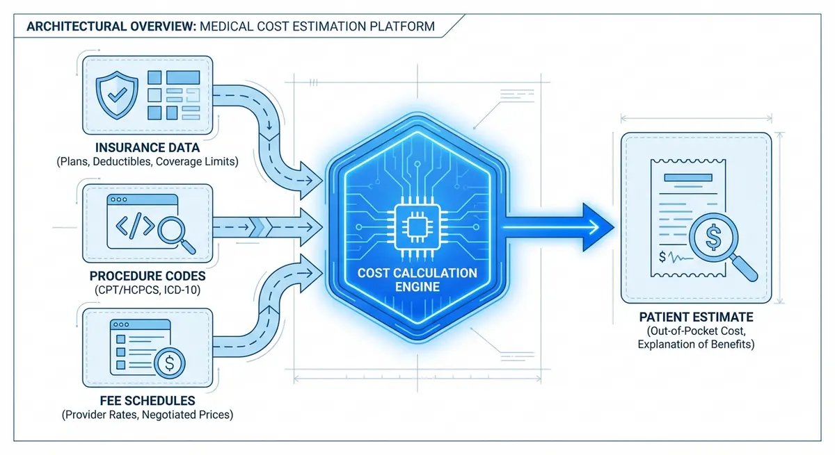 Infographic showing data flow for cost to build treatment cost calculator for medical practices