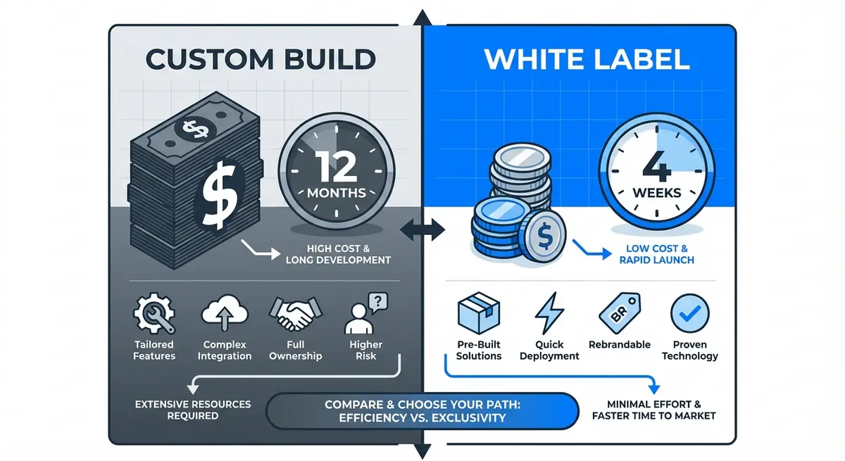 Infographic comparing the cost to build a white label client portal platform versus custom development