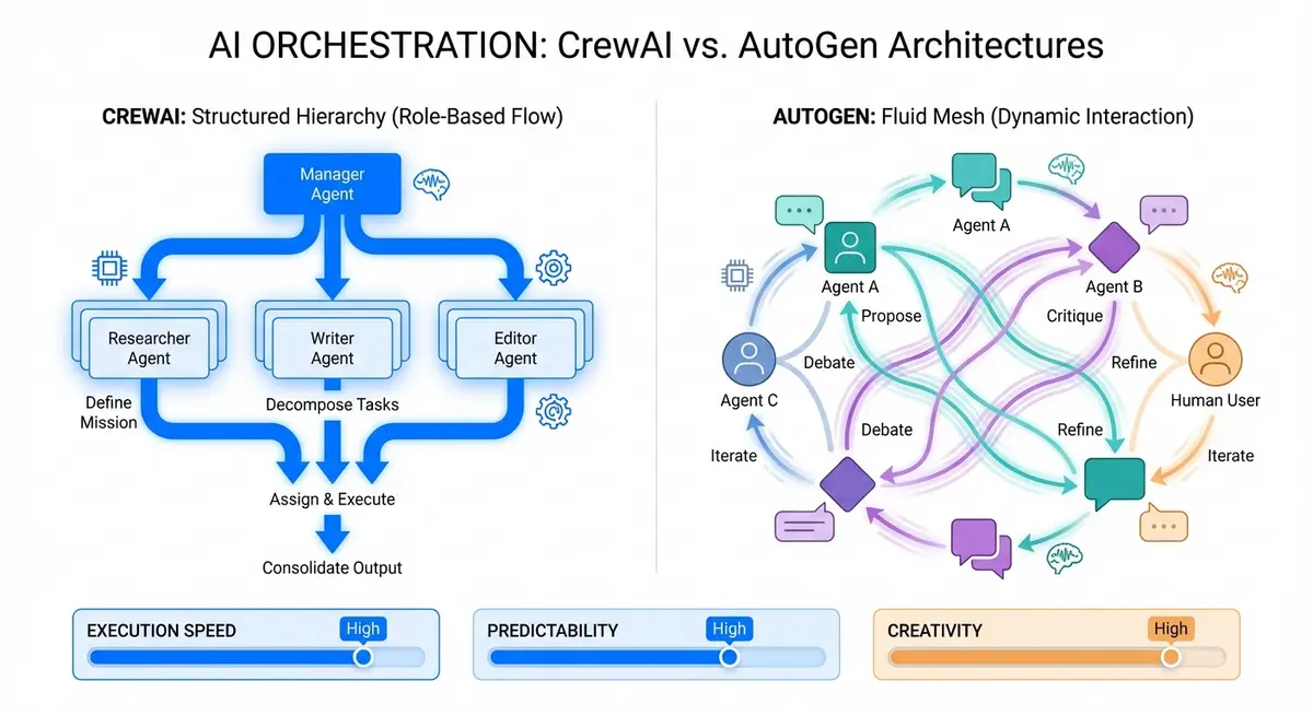 Infographic comparing CrewAI structured workflows vs AutoGen conversational patterns for business automation