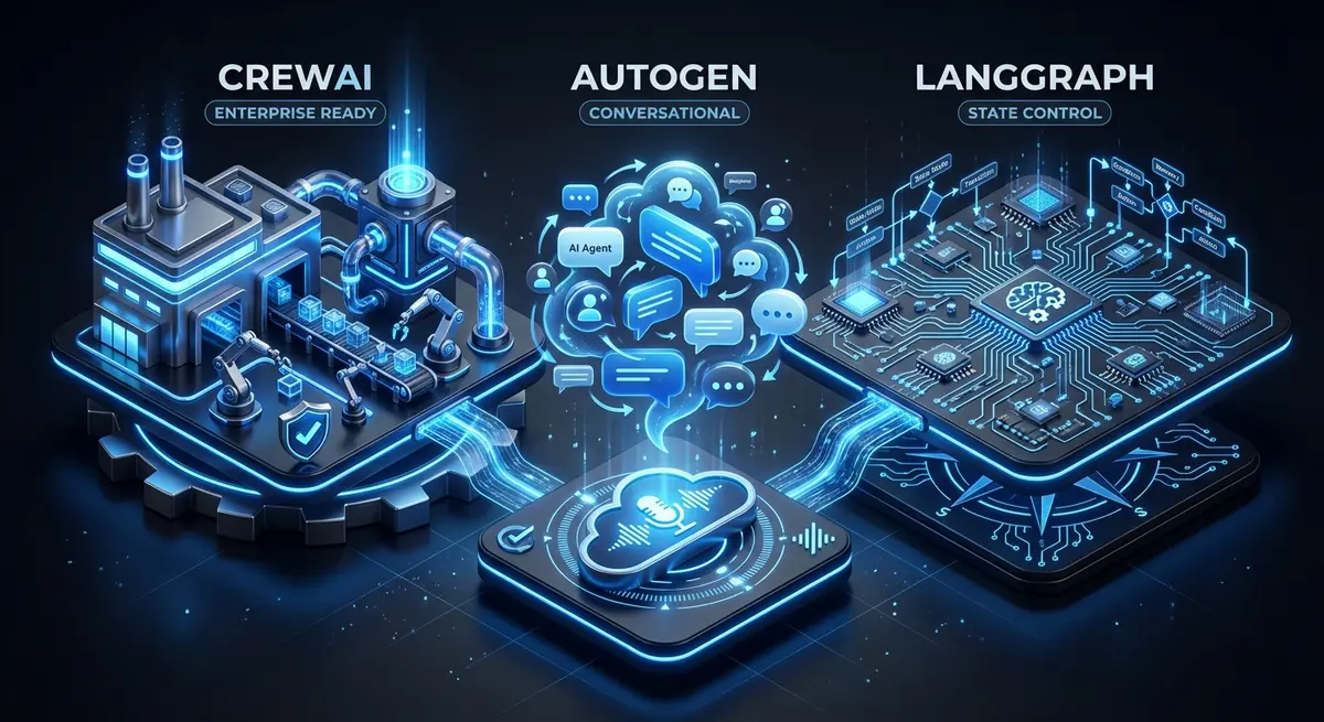 Infographic comparing CrewAI vs AutoGen vs LangGraph for business automation features