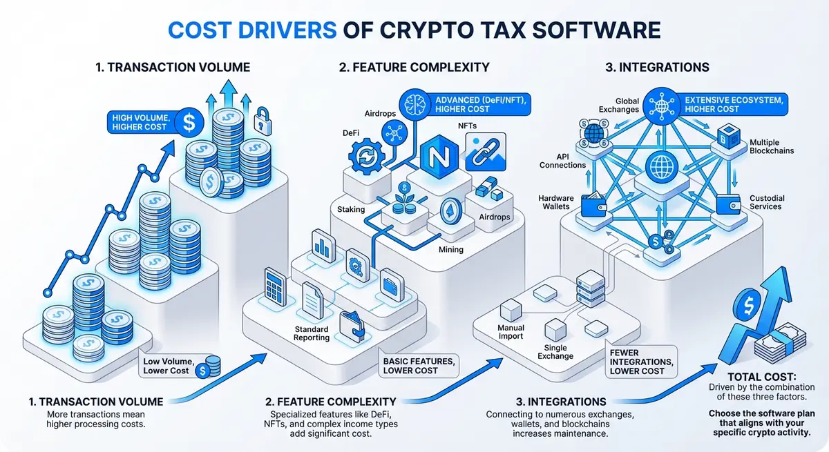 Infographic showing factors influencing cryptocurrency tax calculator tool price including volume and complexity