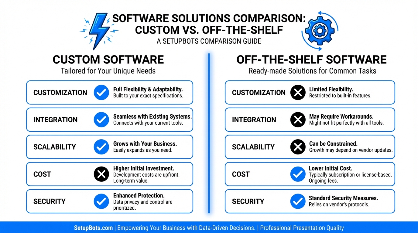 Custom applications development infographic comparing custom vs. off-the-shelf software benefits