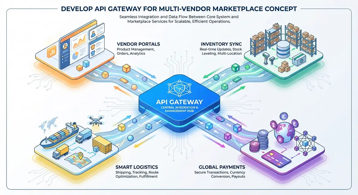 Infographic showing critical features when you develop api gateway for multi-vendor marketplace including inventory and payments