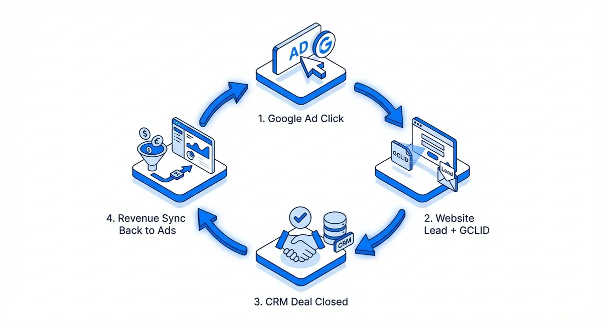 Diagram showing the core components to develop closed loop attribution system for Google Ads revenue
