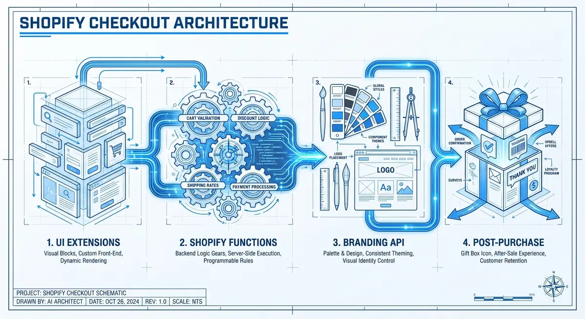 Architecture diagram for custom Shopify Plus checkout experience including UI Extensions and Functions