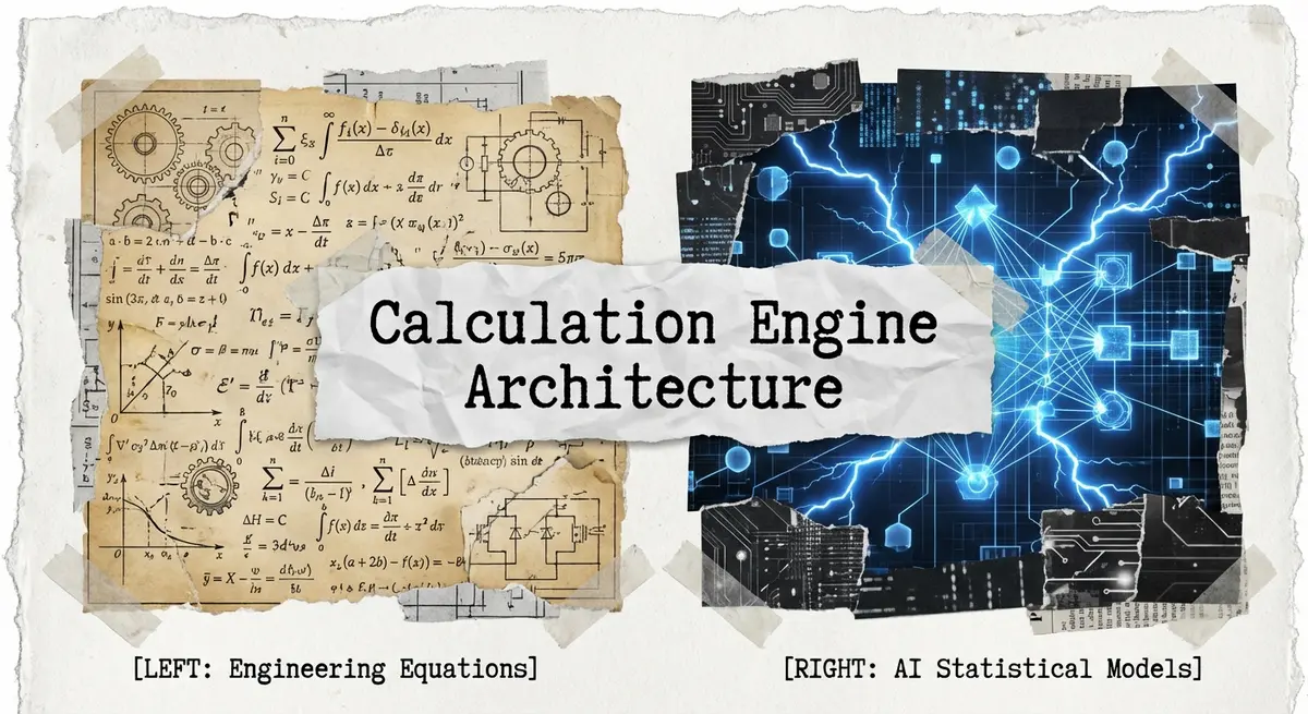 Infographic comparing engineering equations vs AI statistical models to develop energy audit calculator for HVAC companies