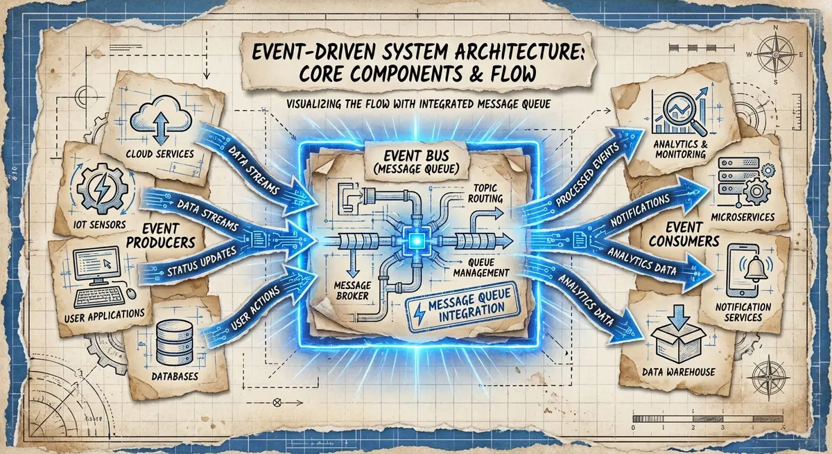 Diagram showing how to develop event-driven microservices architecture with producers, consumers, and event bus
