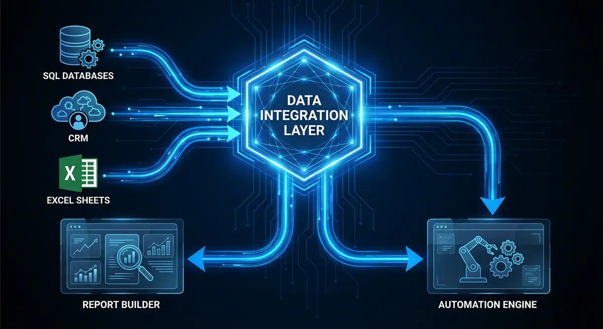 Core architecture to develop industry report generator from data sources showing integration layers