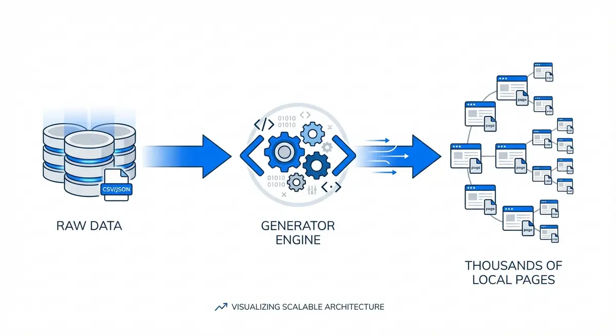 Infographic showing how to develop location based service page generator for franchises using data to output pages