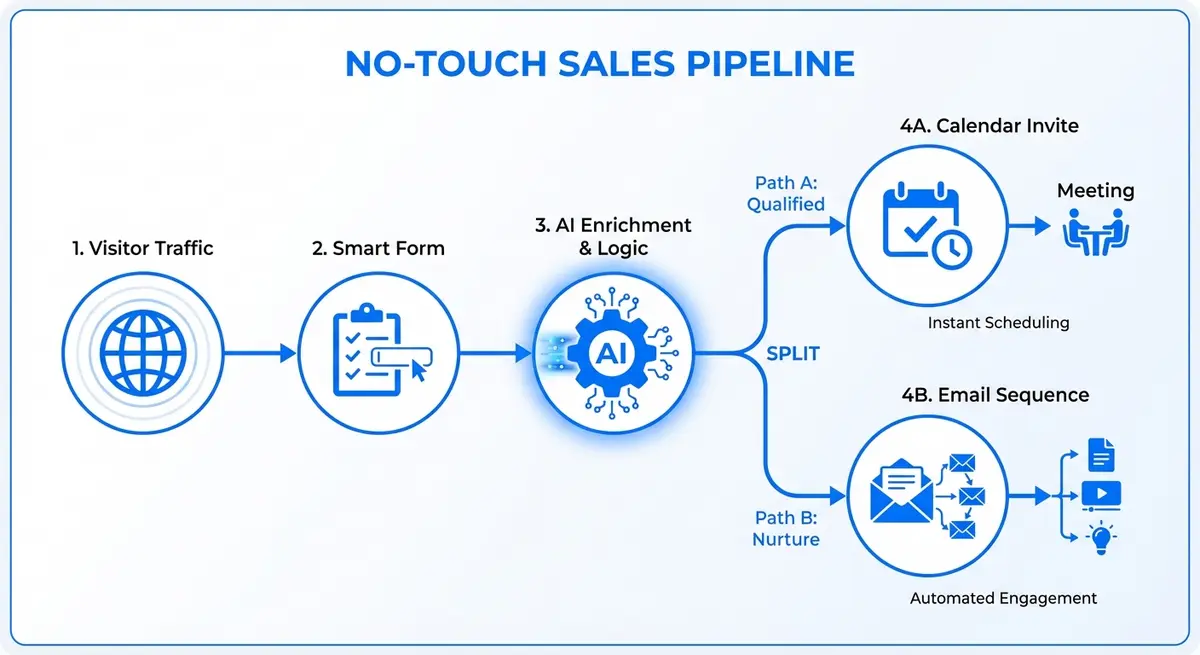 Infographic showing how to develop no-touch sales pipeline for B2B SaaS demo booking with AI routing
