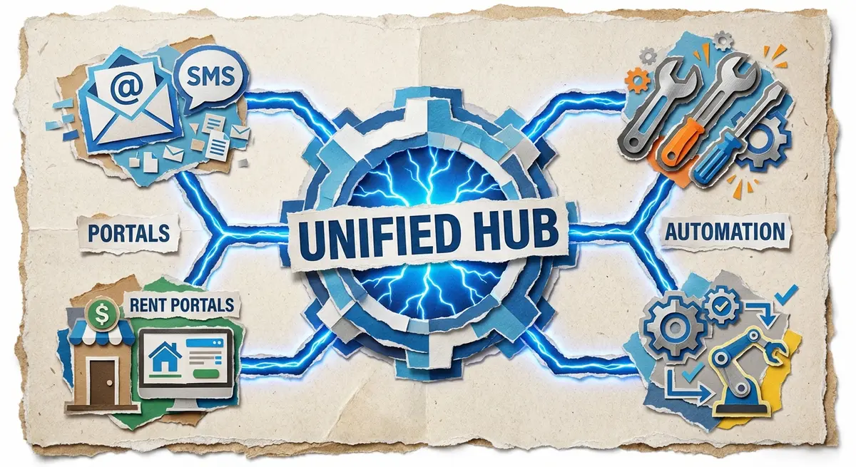 Infographic showing core components to develop property management tenant communication system including unified messaging and portals