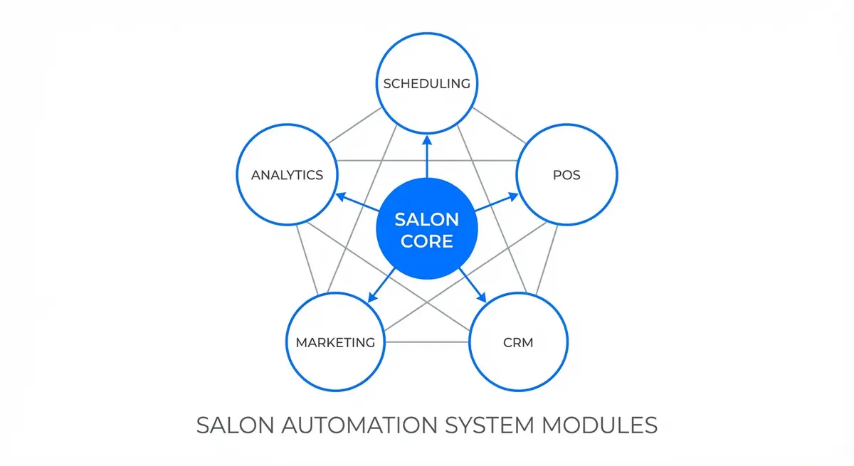 Infographic showing essential modules to develop salon appointment and retail automation system