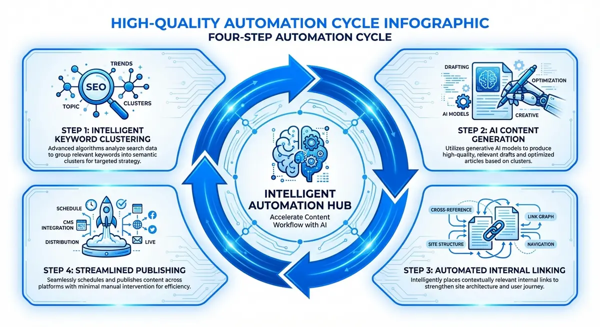 Infographic showing steps to develop topical authority content cluster automation