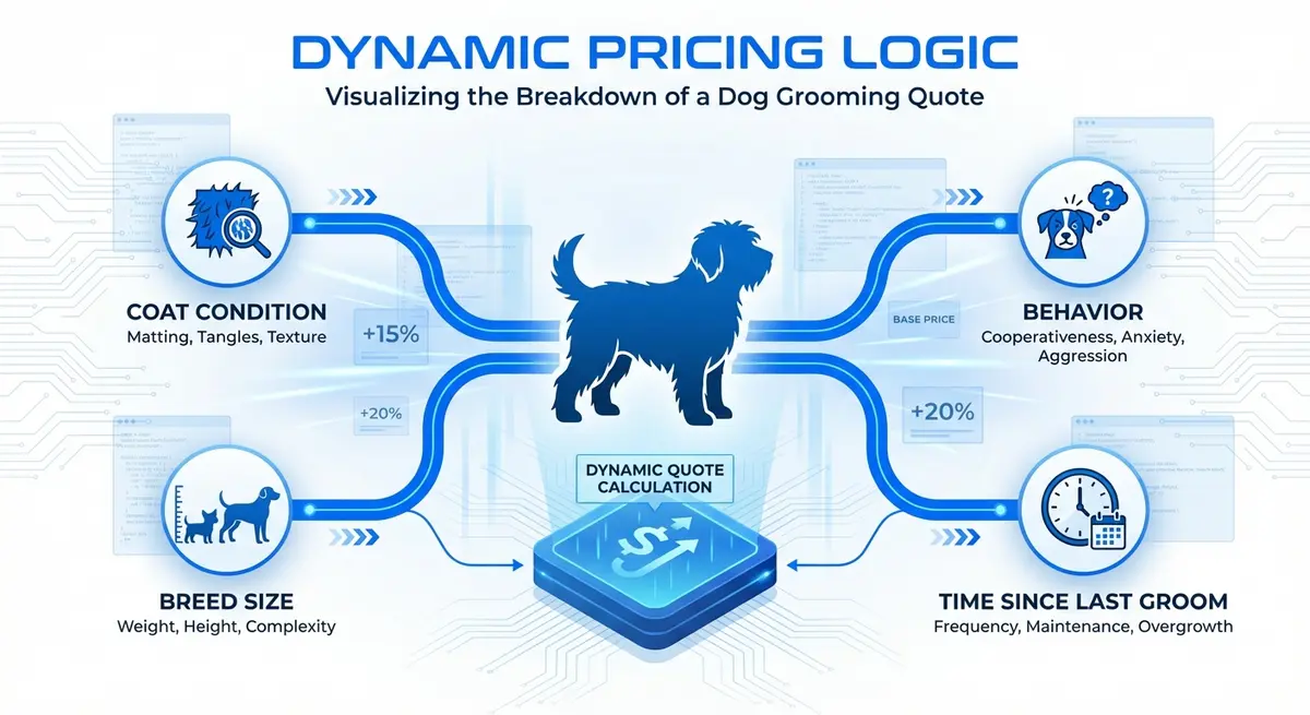 Infographic showing factors influencing dog grooming price calculator cost like coat condition and breed