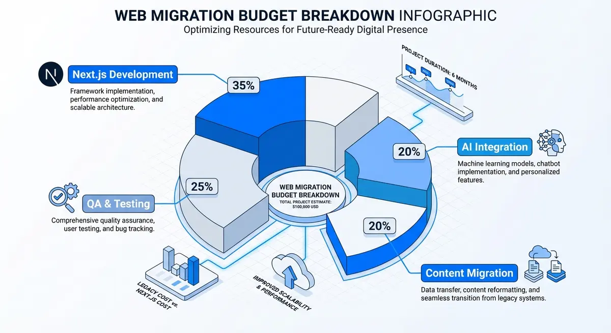 Infographic showing the breakdown of Drupal to Next.js migration cost components