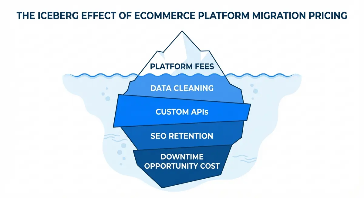 Infographic showing hidden ecommerce platform migration pricing factors beyond basic platform fees