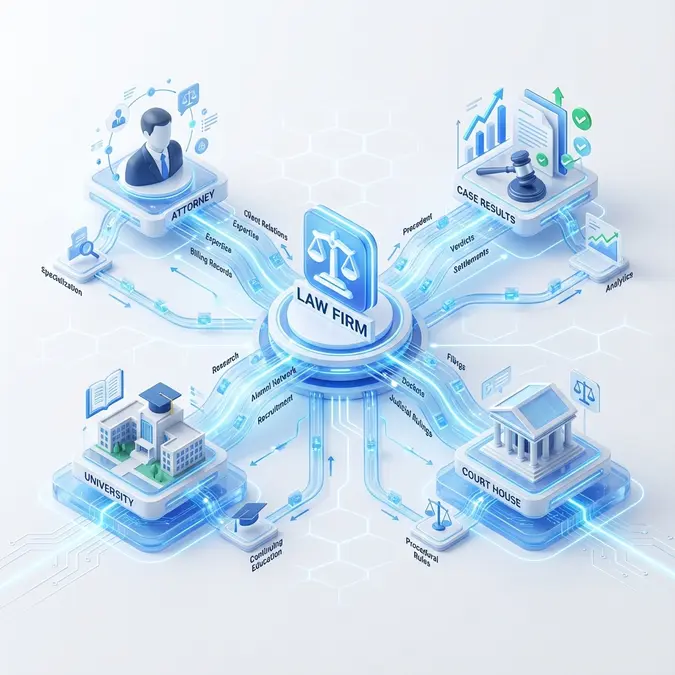 Infographic showing entity optimization for personal injury lawyers pricing value through knowledge graph connections