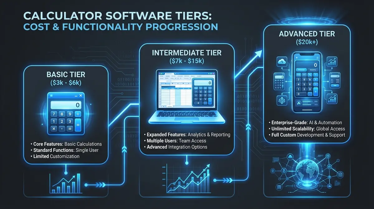 Infographic showing fence installation quote calculator development cost ranges for basic, intermediate, and advanced solutions