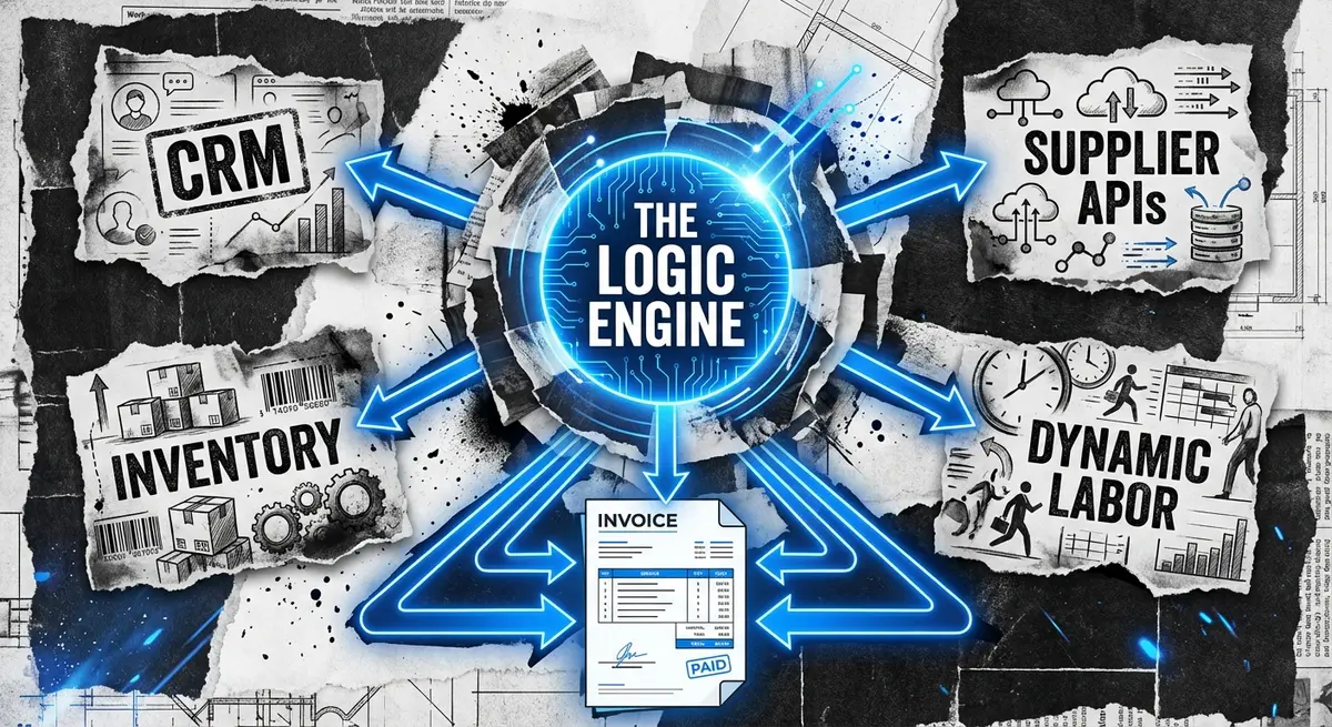 Diagram of an integrated garage door installation cost calculator pricing system connecting CRM and inventory