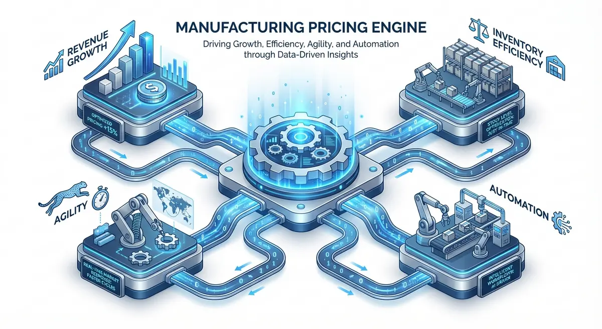 Infographic showing benefits of generative engine optimization for manufacturers pricing including revenue and agility