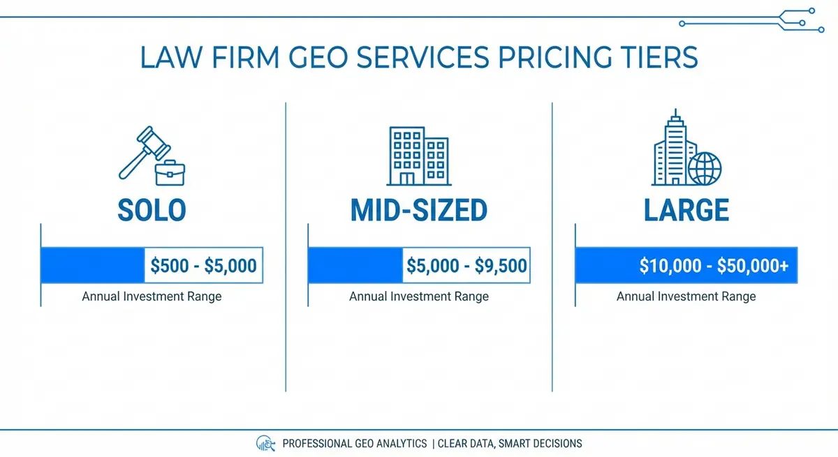 Infographic displaying generative engine optimization for law firms cost tiers from solo to national firms