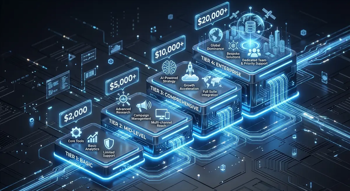 Infographic showing geo optimization for agencies cost tiers and pricing structures