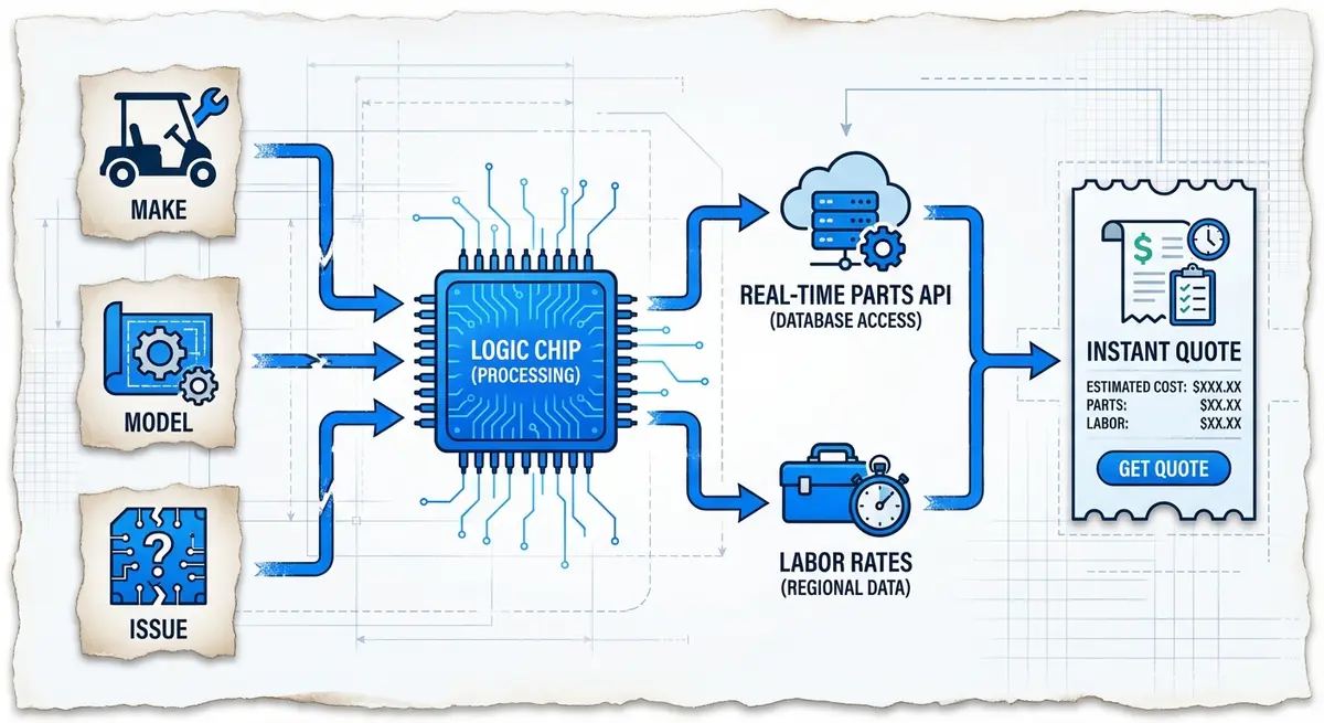 Diagram showing how an automated golf cart repair cost calculator integrates parts and labor data