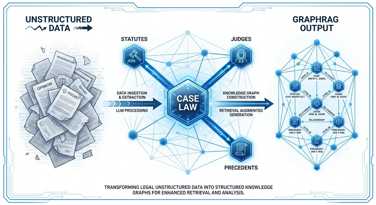 Diagram showing how GraphRAG transforms unstructured legal text into a structured knowledge graph
