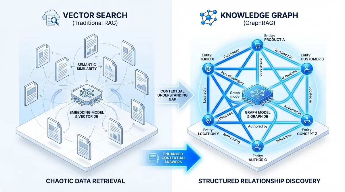 Infographic showing data structure differences in GraphRAG vs Traditional RAG for customer support knowledge base