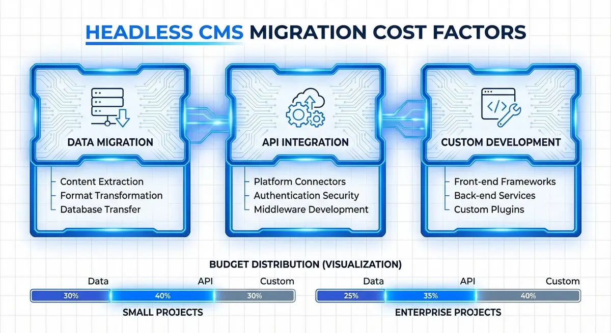 Infographic breaking down headless cms migration cost factors including data, integration, and development