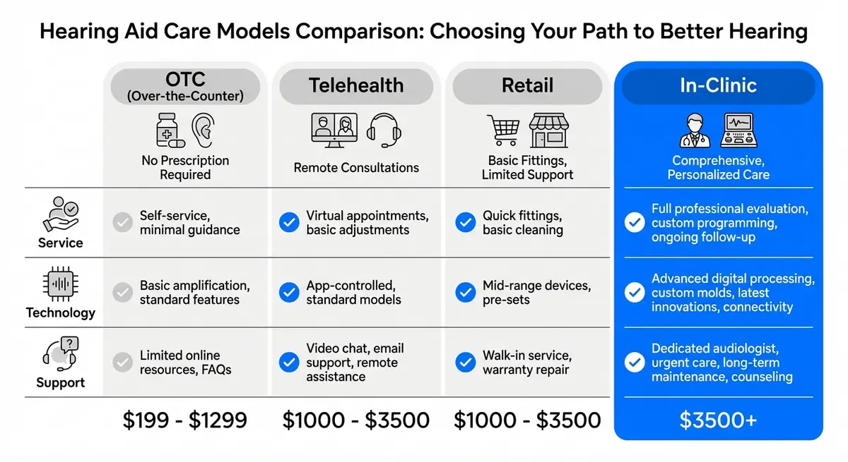 Infographic comparing hearing aid cost calculator price ranges across OTC, Telehealth, Retail, and Clinic models